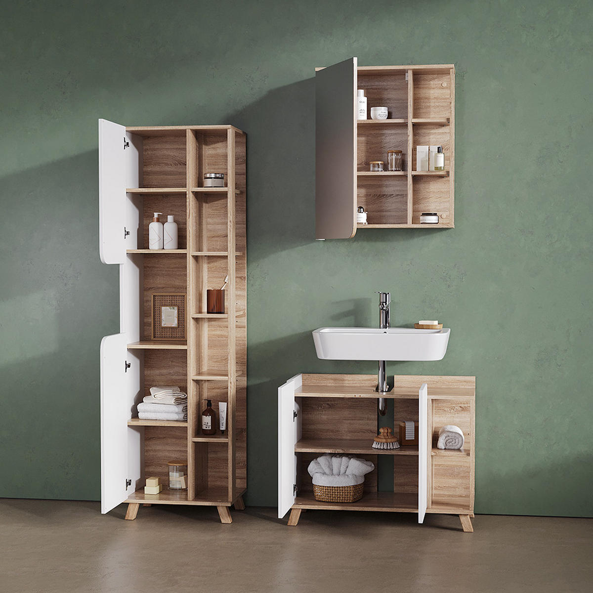 KOPALNIŠKA OMARICA Marano, Sonoma/Bela, 50 x 175 cm z 2 vrati - bela/hrast sonoma, leseni material (50/175/35cm) - Livinity®