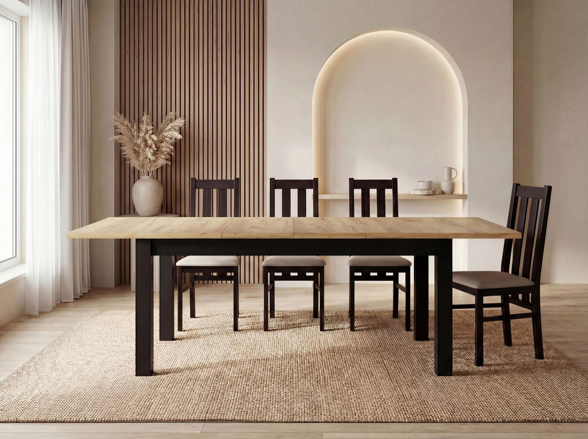 ESSTISCH Lindberg ausziehbar verlängerbar rechteckig, Eiche Braun 160-240/90/77 cm - Eiche Wotan/Schwarz, Holz/Holzwerkstoff (160/90/76.5cm) - WFL GROUP