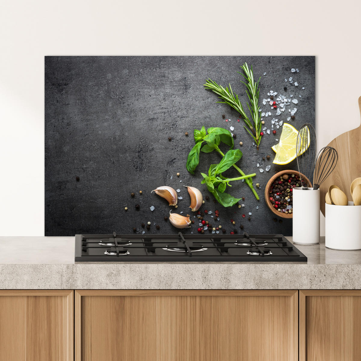 SPRITZSCHUTZ KÜCHE Limette - Kräuter - Gewürze - Grün - Grau - Beton 90x60 cm - Grün, Metall (90/0.3/60cm) - MuchoWow