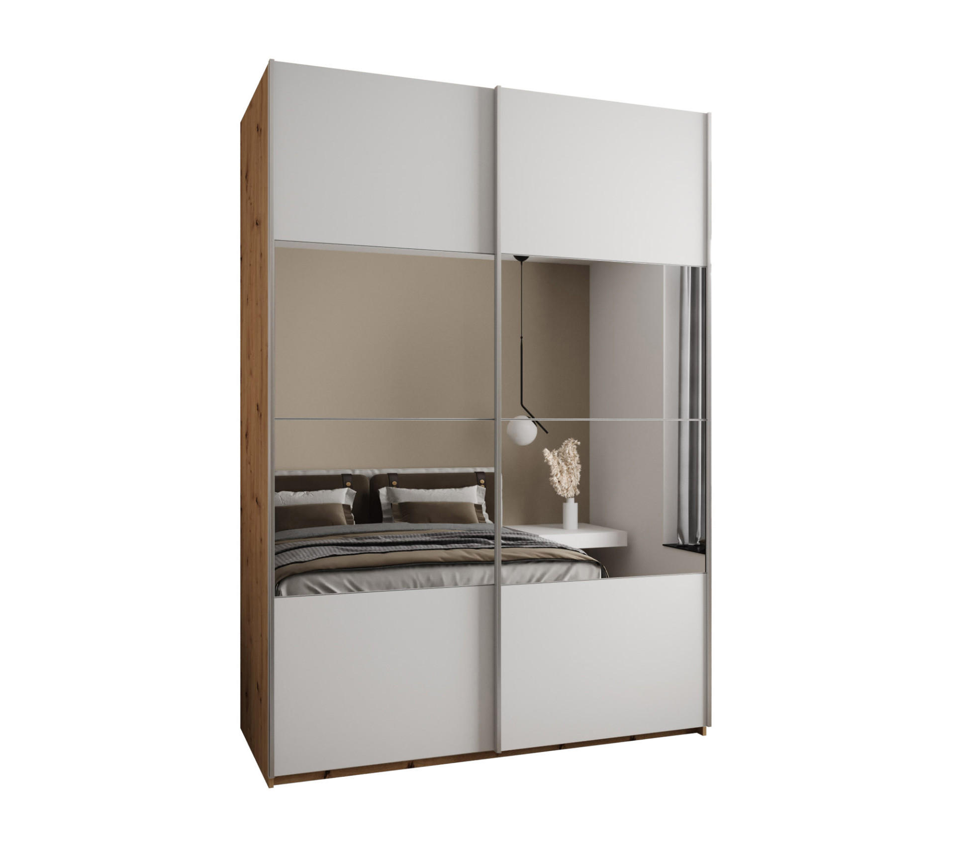 Abiks Möbel Schwebetürenschrank Eiche Artisan, Weiß, Silber 170x245x64 cm