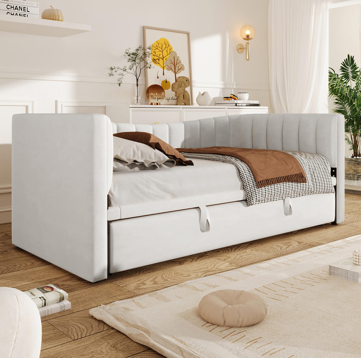SAMT-POLSTERBETT 90/200 cm mit Ziehbett in Weiß - Weiß, Textil (180/200cm) - BEAOK