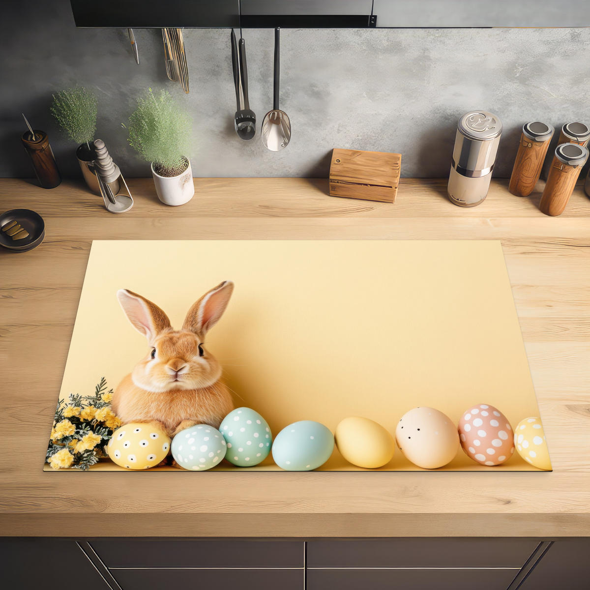 HERDABDECKPLATTE Eier - Kaninchen - Pastellfarbtöne Induktionsschutz 81.6x52.7 cm - Hellgelb, Kunststoff (81.6/52.7/0.2cm) - MuchoWow