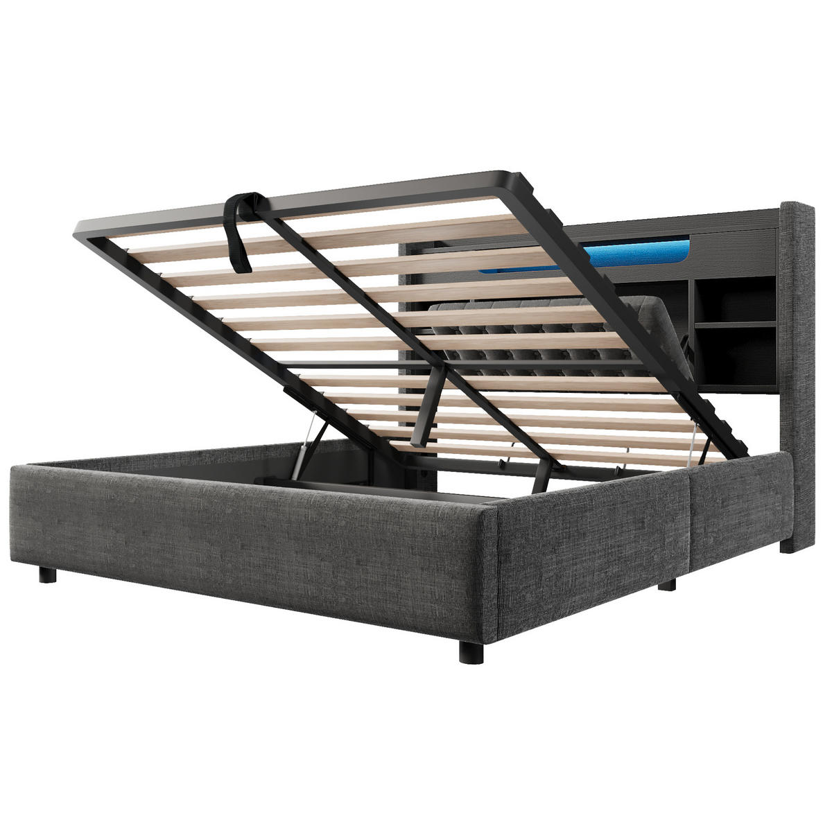 ČALOUNĚNÁ postel 140/200 cm s LED, USB-C, úložným prostorem a lněným čelem, Šedá - šedá, textil (140/200cm) - Redom
