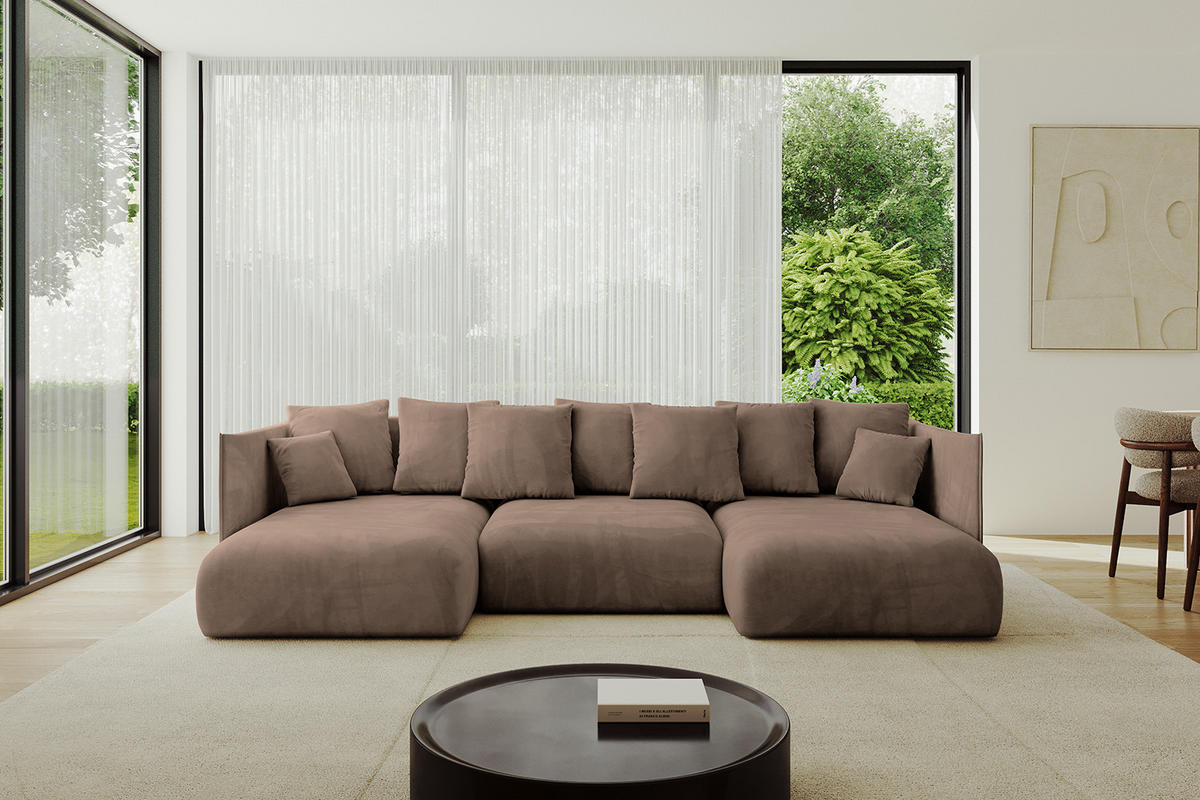 WOHNLANDSCHAFT mit Schlaffunktion und Bettkasten ONESK-U 304x165x40 Braun Velours - Braun, Holzwerkstoff/Kunststoff (304/90/165cm) - ALTDECOR