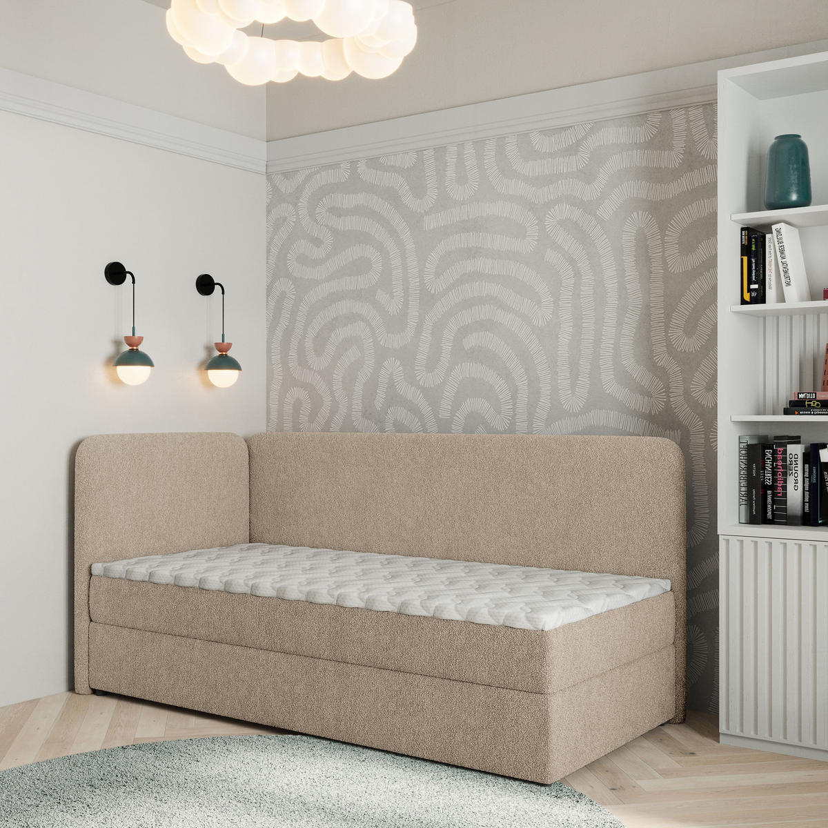 BOXBETT GINA 80x200 cm mit Matratze und Topper, H2+H3 - Beige - Beige, Holz (80/200cm) - MASSENO