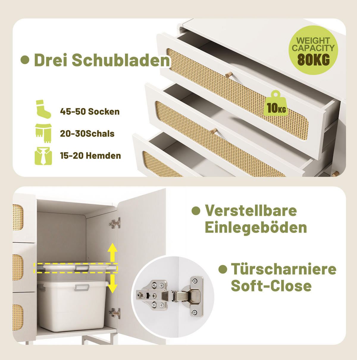 KOMMODEN-SIDEBOARD 120/40/85 cm mit 3 Schubladen & Rattan-Fronten in Weiß - Weiß, Metall (120/85/40cm) - BEAOK