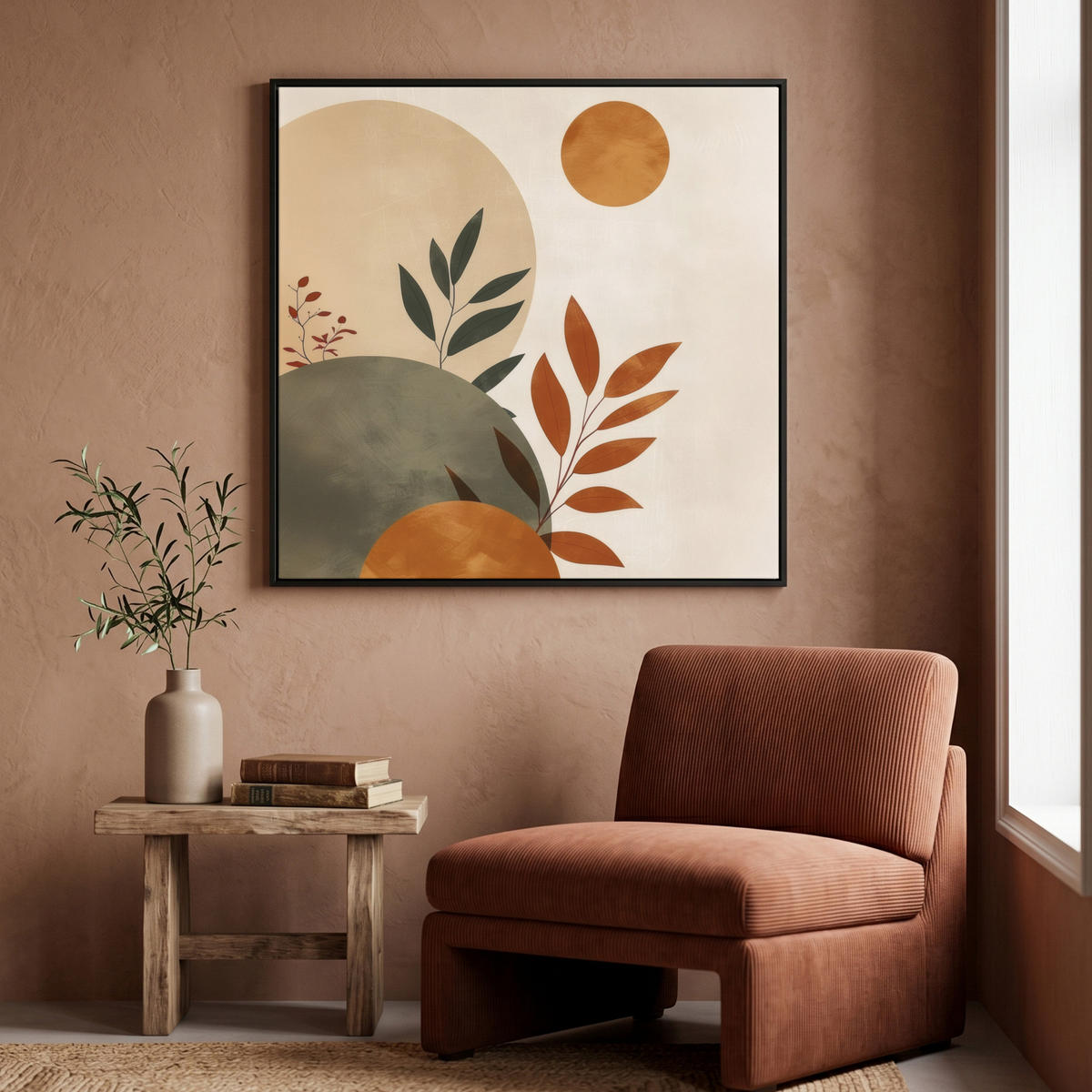 LEINWAND Bilder mit Rahmen - Formen - Rund - Blätter - Beige - 90x90 - Rostfarben, Textil (90/90cm) - MuchoWow
