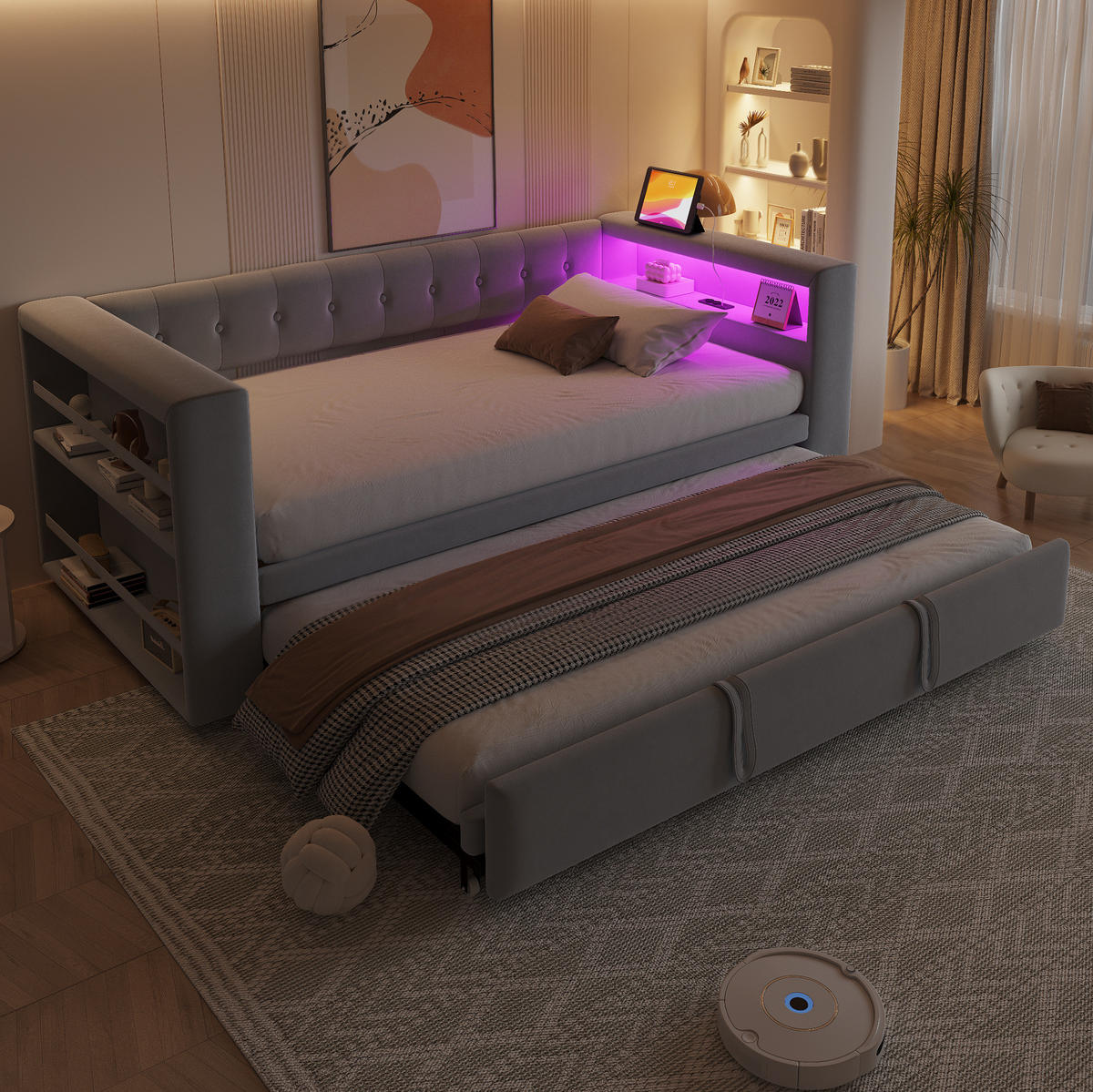POLSTERBETT 90/180/190 cm aus Flannelette mit LED-Beleuchtung, Hellgrau - Hellgrau, Textil (90/190cm) - OKMYHOME