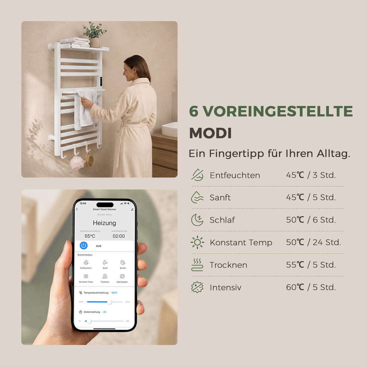 HANDTUCHHEIZKÖRPER 45/60 cm Weiß elektrisch 155 W mit WLAN, Ablage und 6 Haken - Weiß, Metall (60/45/20cm) - S'AFIELINA