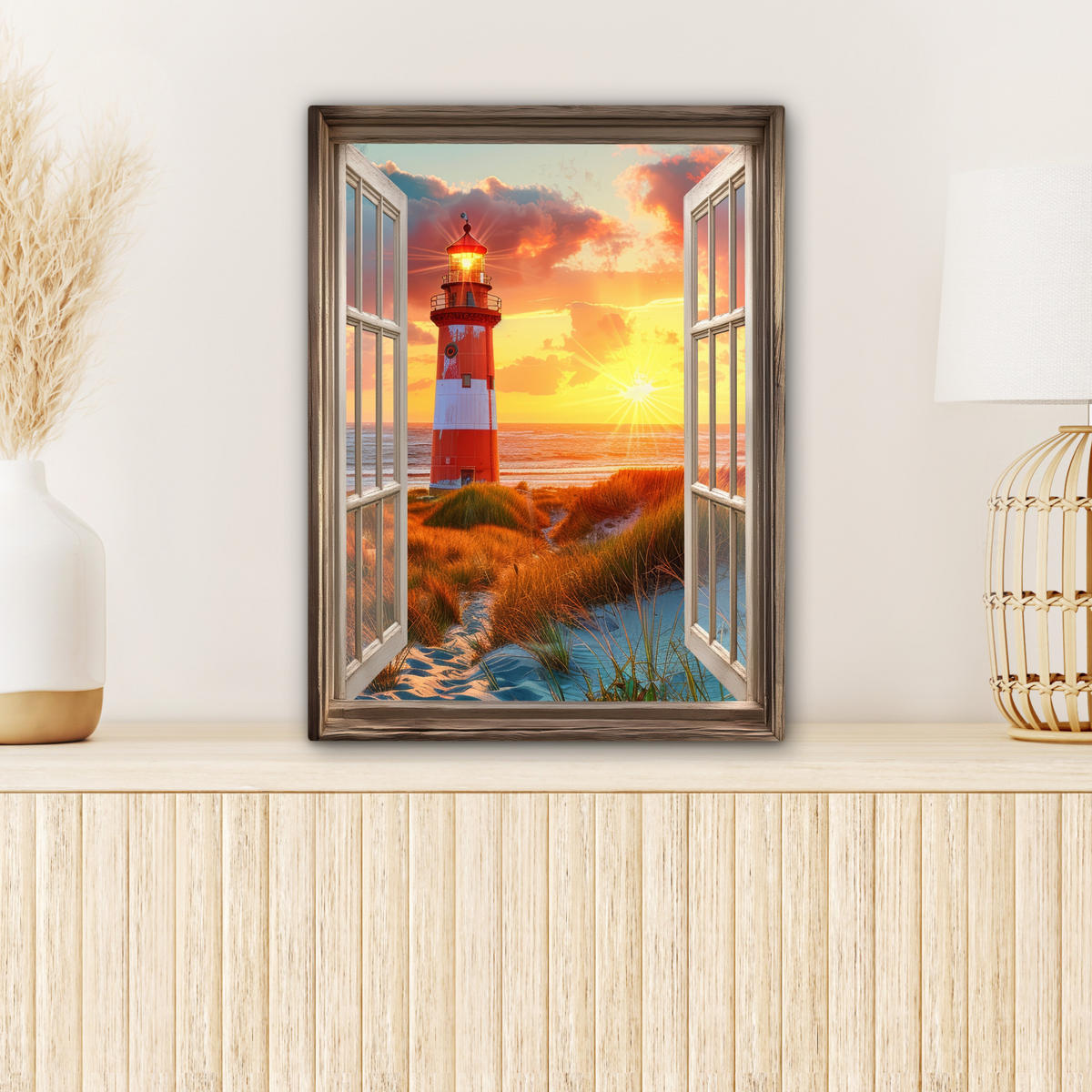 LEINWANDBILD Aussicht - Fenster - Leuchtturm - Sonnenuntergang - Strand 30x40 cm - Dunkelorange, Textil (30/40cm) - MuchoWow