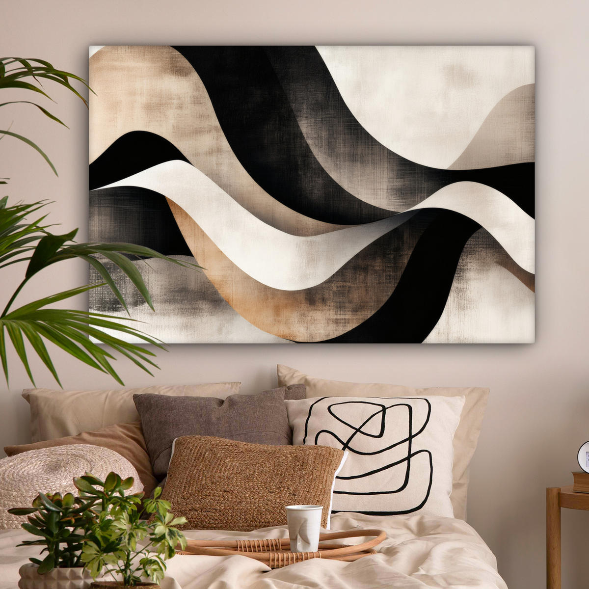 LEINWANDBILD Abstrakt - Wellen - Schwarz - Verwittert Wohnzimmer Groß 120x80 cm - Trüffeleichefarben, Textil (120/80cm) - MuchoWow