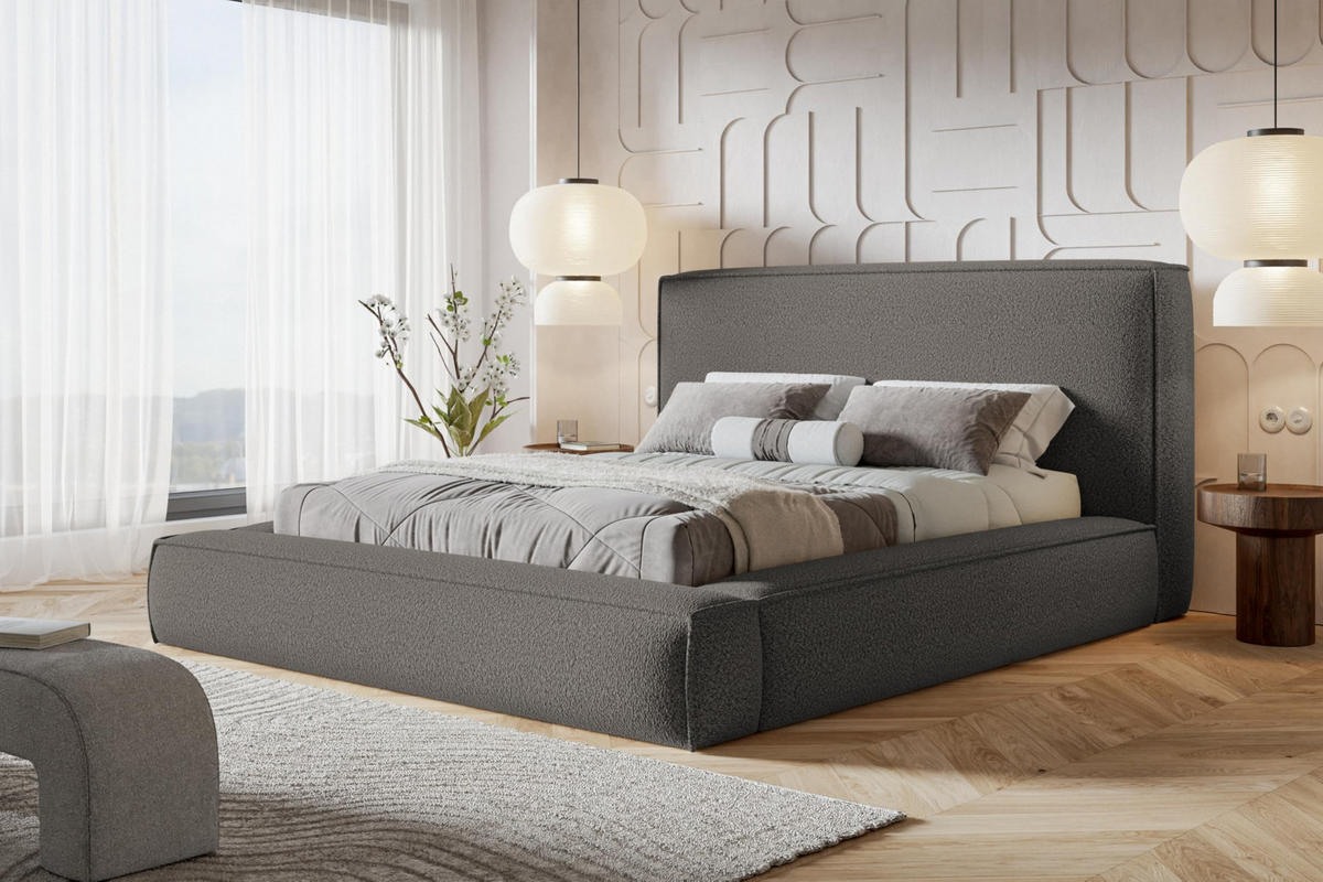 BETT 180x200 - Polsterbett mit Bettkasten und Holzrahmen - Modern Bett - Eleganter Catch-Me-Stoff - Kollektion Luna Maxi - Grau - Grau, Holz/Textil (180/200cm) - Alpi-Möbel