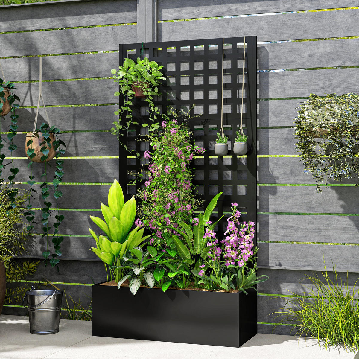 HOCHBEET DE-12190 mit Rankgitter 89/40/178 cm mit Drainage Schwarz - Schwarz, Metall (89/178/40.5cm) - ComfortXL
