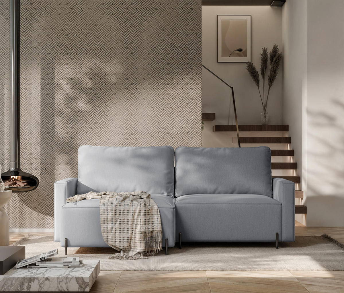 ECKSOFA LEO Links, mit Schlaffunktion und Bettkasten, Grau - Grau, Textil/Metall (229/148cm) - Idohome