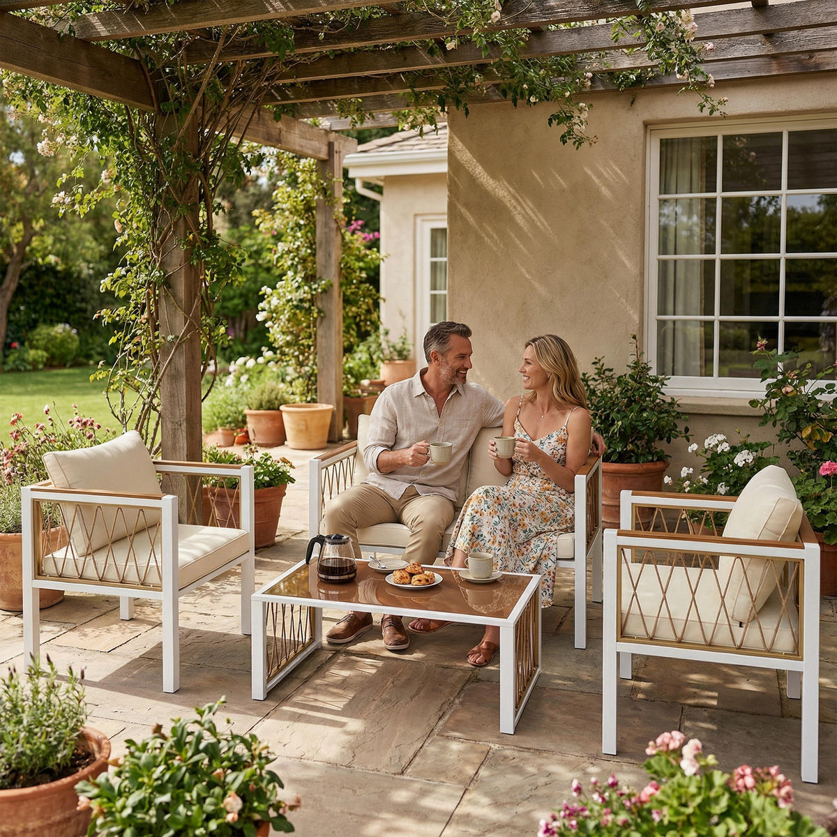 RATTAN-GARTENMÖBEL-SET 4er Set Metall PE-Rattan Cremeweiß - Creme/Braun, Textil/Metall - Outsunny