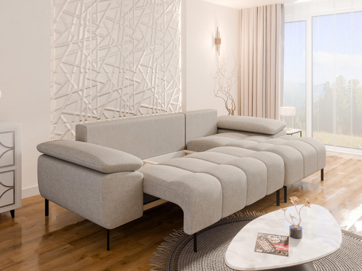 ECKSCHLAFSOFA 4-Sitzer DOLUS – Modernes Ecksofa mit Schlaffunktion Rechts montierbar, Ecru - Ecru, Holz (141/277cm) - Panda Möbel