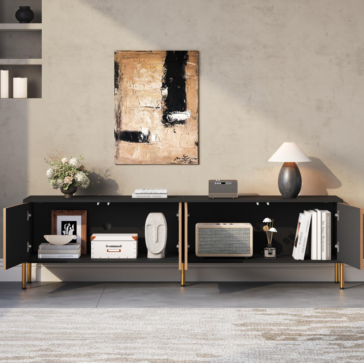 TV-SCHRANK aus Holzwerkstoff 179x35x53,5 cm Schwarz/Natur mit 4 Türen und strukturiertem Frontdesign - Hellbraun, Holzwerkstoff (179/53.5/35cm) - Modfu