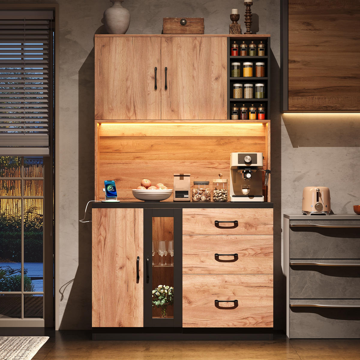 BUFFET Naturfarben-Schwarz 105/40/180 cm - Beige, Holz (105/180/40cm) - PANGIVO