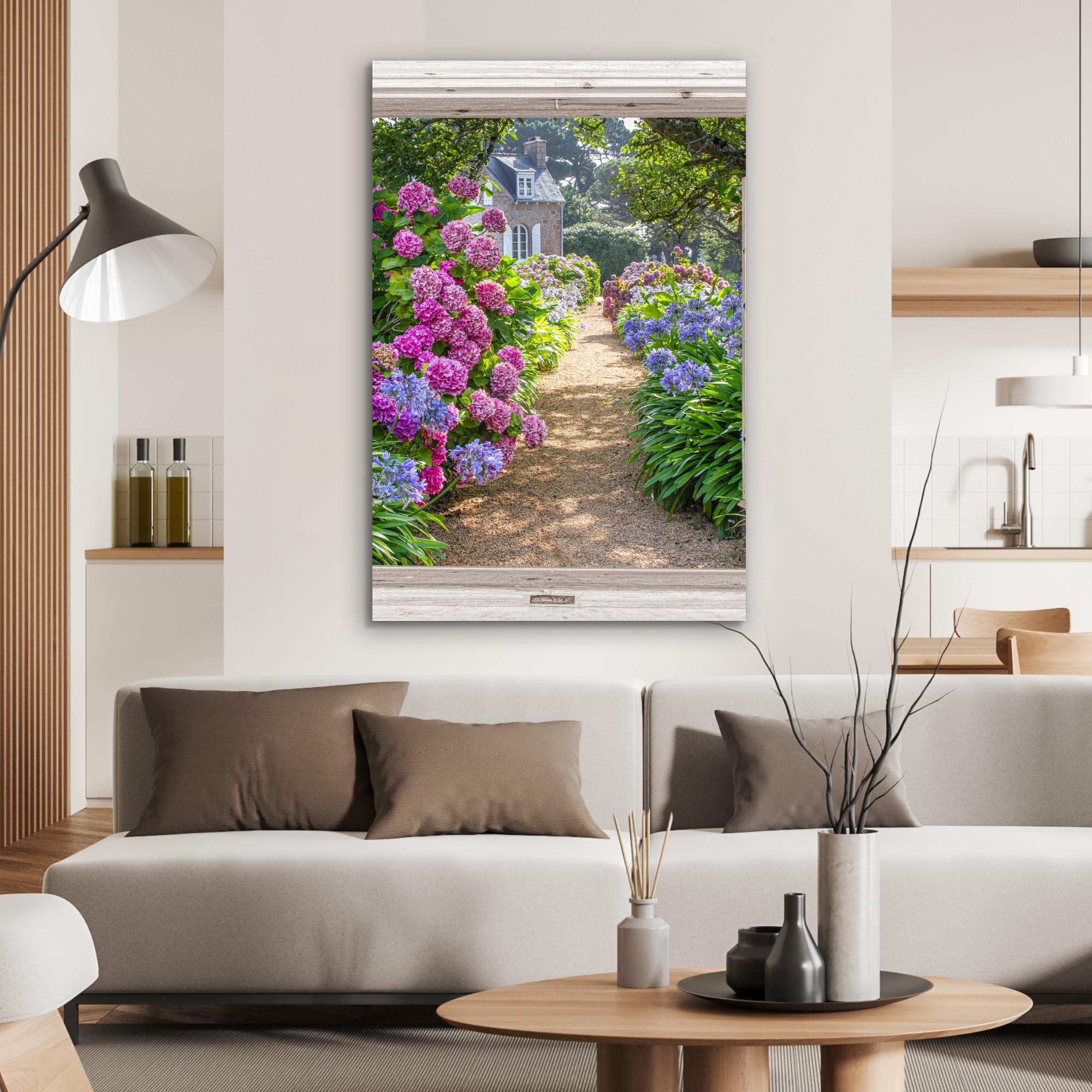 METALLBILD Hortensie - Fensterblick - Blumen - Sommer - Lila - Weg 60x90 cm - Lila, Metall (60/90cm) - MuchoWow