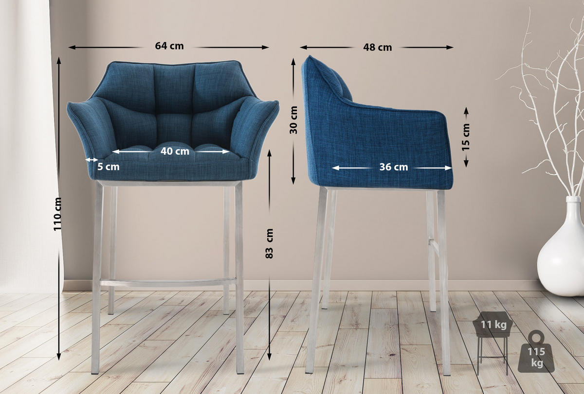 BARHOCKER 2er Set Stoff blau - Blau/Edelstahlfarben, Textil/Metall (64/110/48cm) - CLP