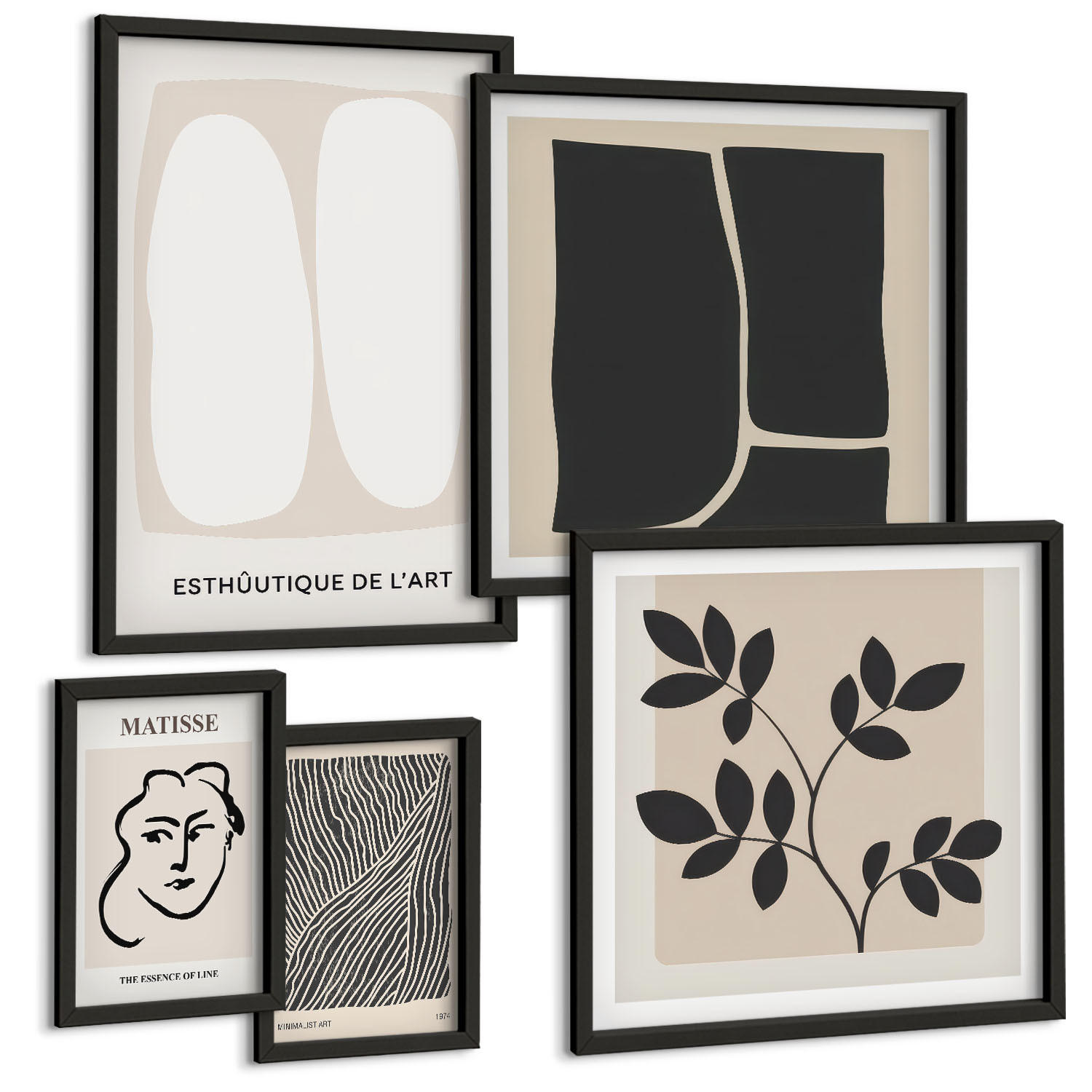 BILDER SET 5er Set - 50x50 cm & 20x30 cm & 40x60 cm Schwarzer Rahmen - Minimalistische Pflanzenmuster - Schwarz, Kunststoff (40/60cm) - TULUP