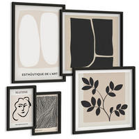 BILDER SET 5er Set - 50x50 cm & 20x30 cm & 40x60 cm Schwarzer Rahmen - Minimalistische Pflanzenmuster - Schwarz, Kunststoff (40/60cm) - TULUP