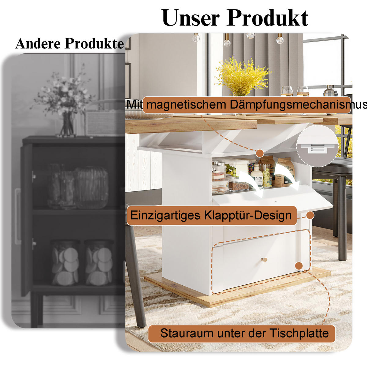 ESSTISCH aus MDF 110-140x80x75 cm Natur/Weiß ausziehbar mit Stauraum und Soft-Close-Klapptür - Weiß, Holzwerkstoff (140/80/75cm) - Modfu