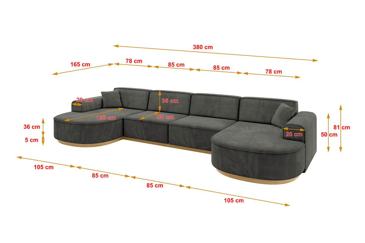 WOHNLANDSCHAFT MARI-U2-v2 - 388x171x83 cm Dunkelgrau Velours - Dunkelgrau, Holzwerkstoff/Textil (388/83/171cm) - ALTDECOR