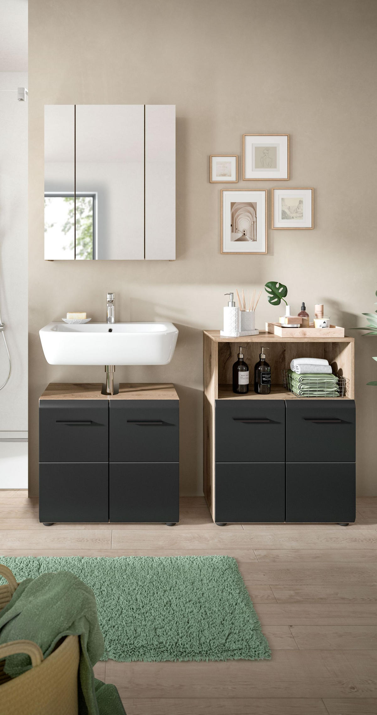 BADEZIMMER Alba 3-tlg. (B/H/T: ca. 135/185/30 cm) in Nox Oak /schwarz matt - Eichefarben, Holz (135/185/30cm)