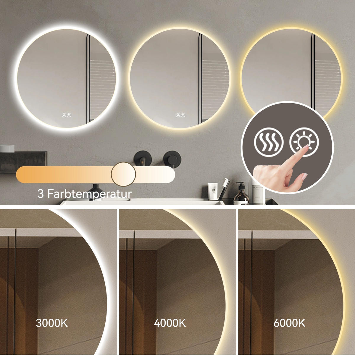 RUNDER LED Badezimmerspiegel 80cm Silber, 3 Lichtfarben dimmbar mit Entspiegelung - Silberfarben, Glas (80/3/80cm) - Modfu