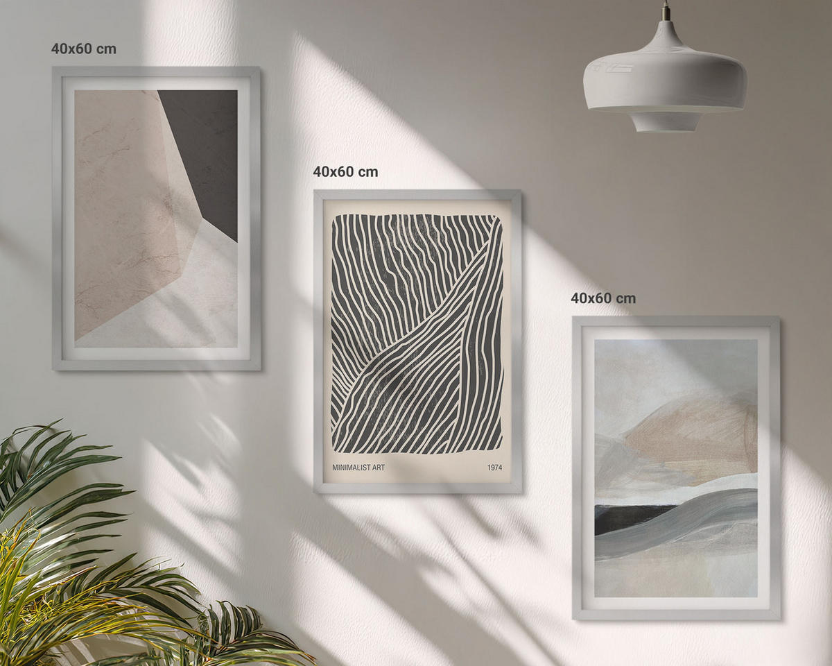BILDER SET 3er Set - 40x60 cm Silberner Rahmen - Abstrakte Muster in Beige und Grau - Silberfarben, Kunststoff (40/60cm) - TULUP