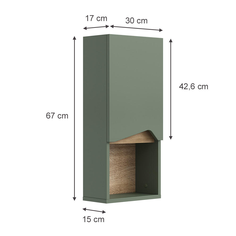 BADSCHRANK Marelle Grün/Artisan 30 x 67 cm mit Tür und offenem Fach - Grün, Holzwerkstoff (30/67/17cm) - Vicco