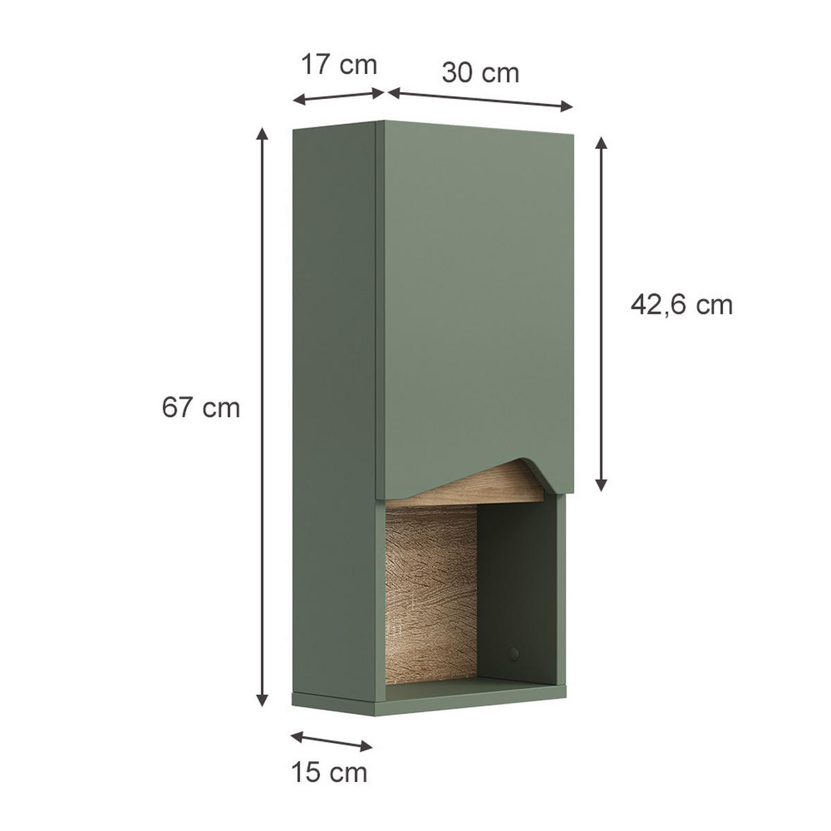 BADSCHRANK Marelle Grün/Artisan 30 x 67 cm mit Tür und offenem Fach - Grün, Holzwerkstoff (30/67/17cm) - Vicco