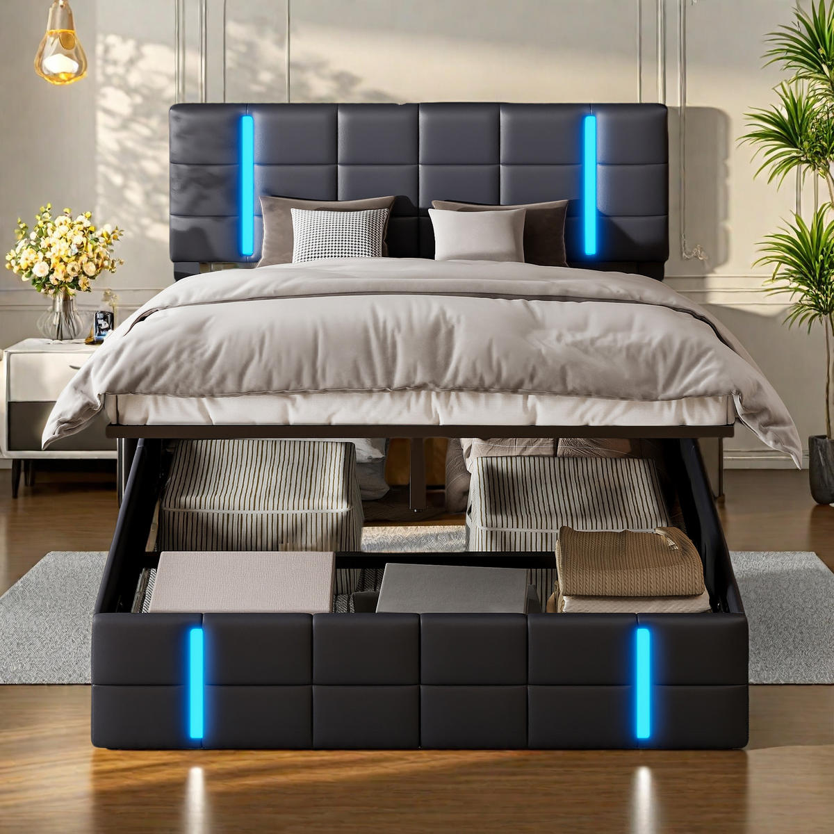 POLSTERBETT 140x200 cm Schwarz mit LED USB Stauraum - Schwarz, Metall (140/200cm) - SHOPENTRA