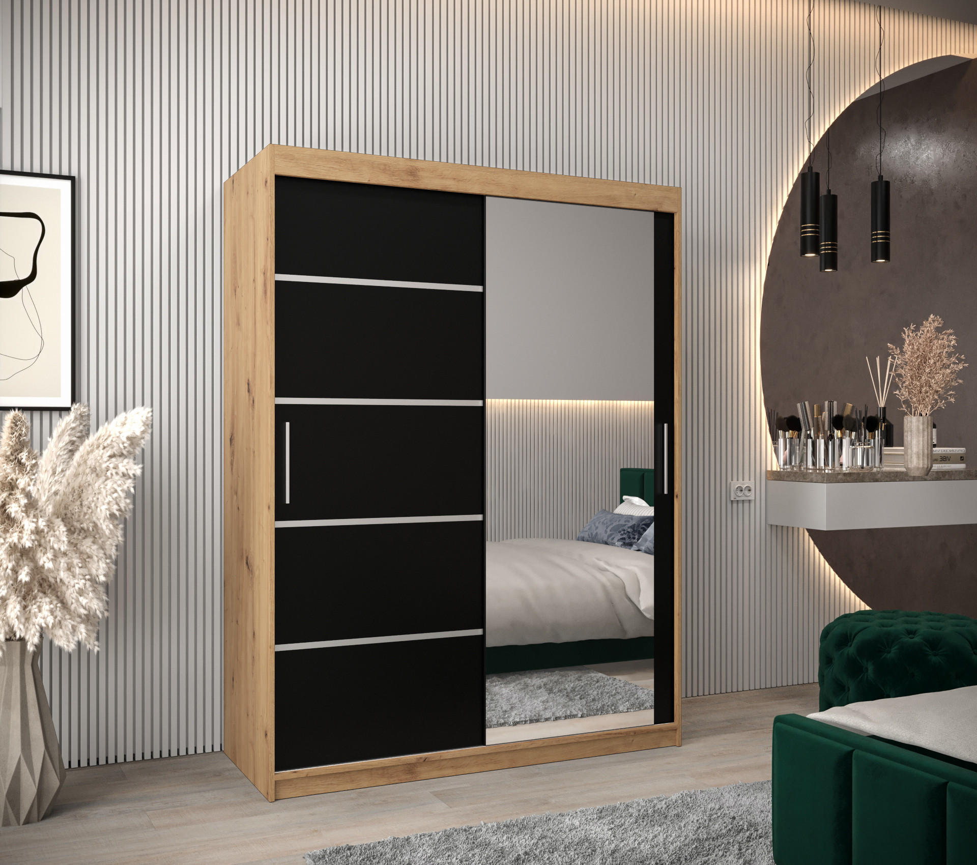 SCHWEBETÜRENSCHRANK 200/150/62 2-türig - Silberfarben/Schwarz, Holz/Kunststoff (150/200/62cm) - Abiks Möbel