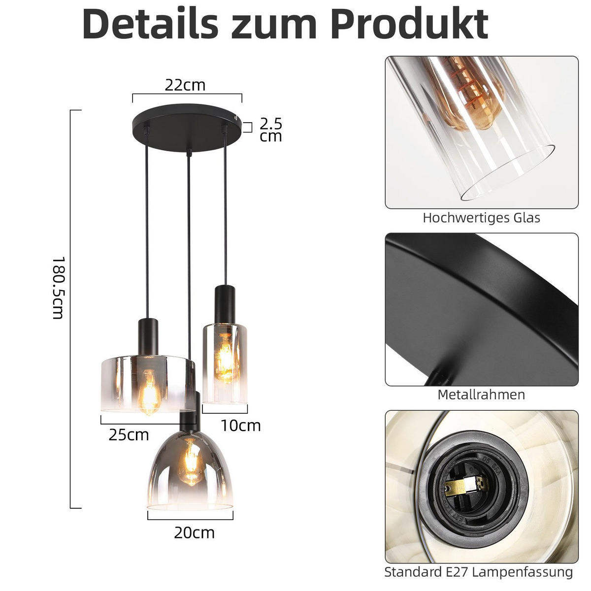 HÄNGELEUCHTE Marquez 22/22/180.5 cm - Schwarz, Metall (22/22/180.5cm) - Nettlife