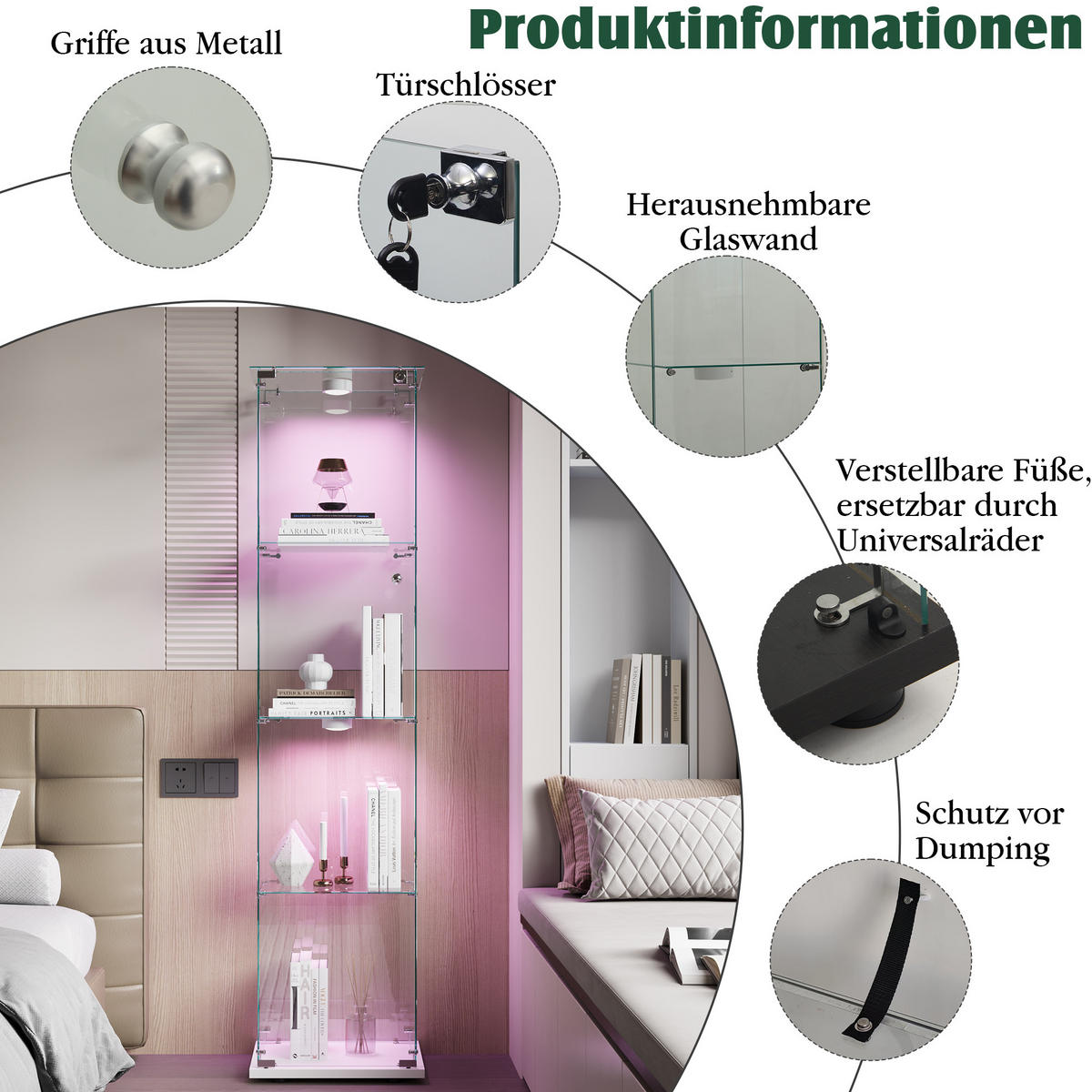 VITRINE Glas LED, 4 Regale, mit Schloss, für Wohn-, Schlaf & Esszimmer - Weiß, Holz (35/163/39.8cm)