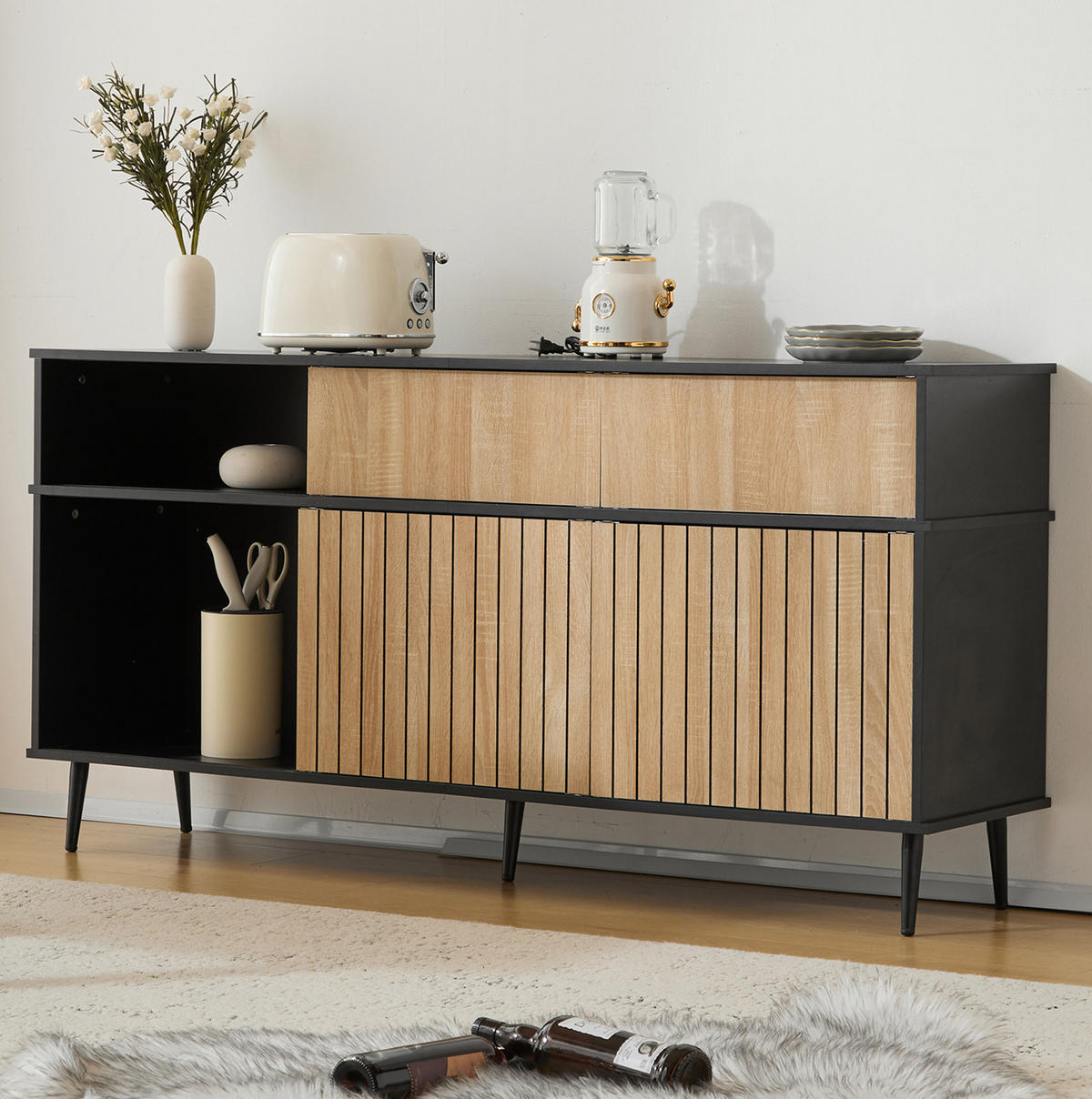 KOMMODE aus Spanplatte 40x160x80 cm Schwarz/Natur mit Schiebetüren und Schublade - Schwarz, Holzwerkstoff (160/80/40cm) - IVMEU