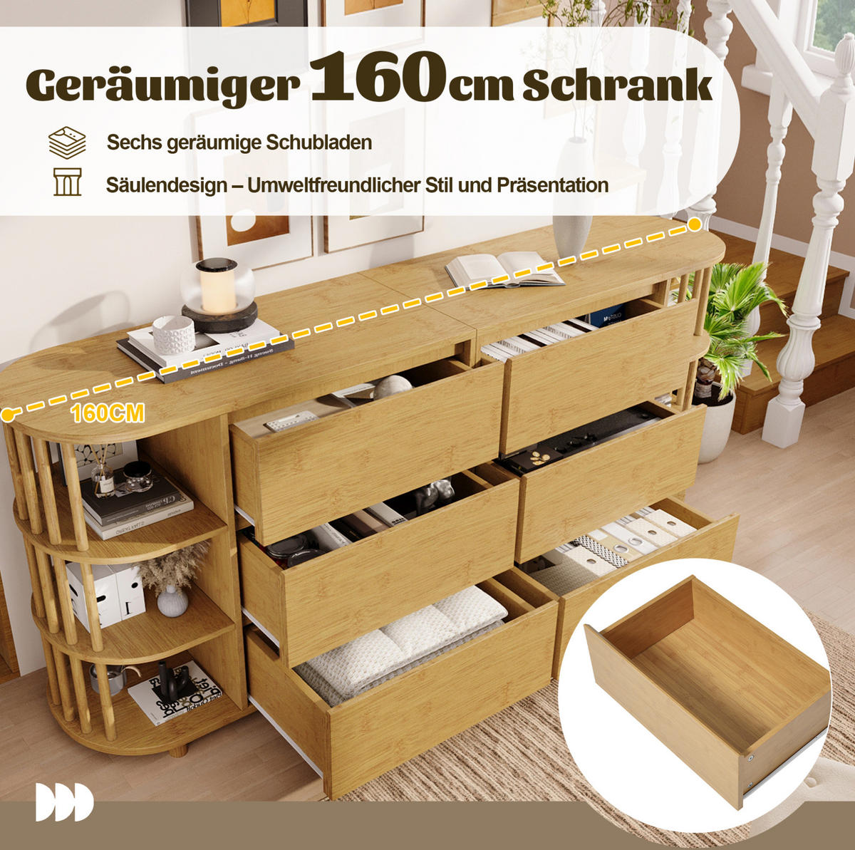 SIDEBOARD aus MDF und Bambus 160x40x75 cm Eiche mit 6 Schubladen, offenen Regalen und höhenverstellbaren Füßen - Naturfarben, Holzwerkstoff (160/75/40cm) - Modfu