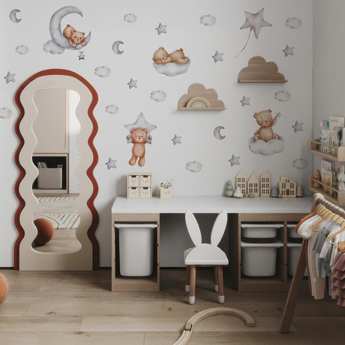 WANDSTICKER SET Teddybären Wolken Sterne Monde 120x60 - Beige/Braun, Papier (120/60/1cm) - Muralo