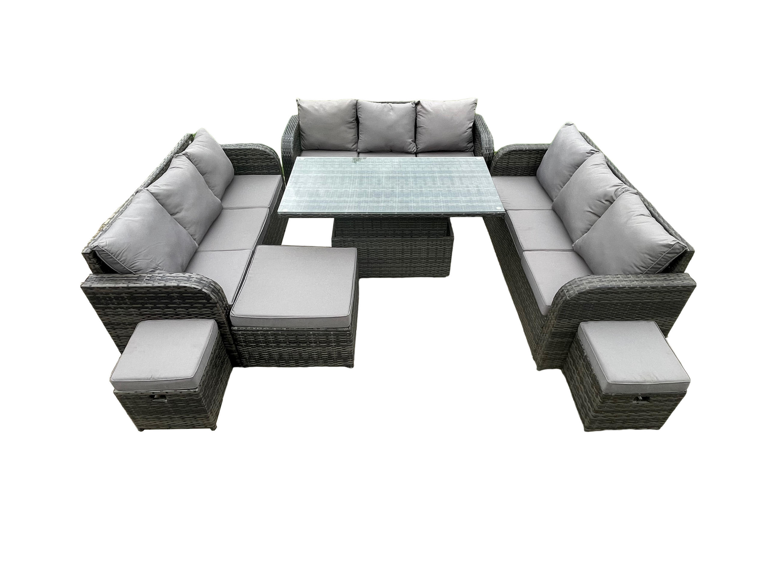 GARTENSOFA SET Polyrattan 12-Sitzer - Dunkelgrau/Grau, Glas/Kunststoff - Fimous