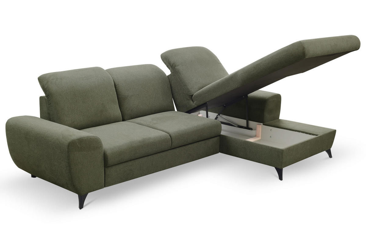 ECKSOFA LUCE R-S Olivgrün Plüsch-Stoff mit Schlaffunktion - Olivgrün, Holz (279/172cm) - MASSENO