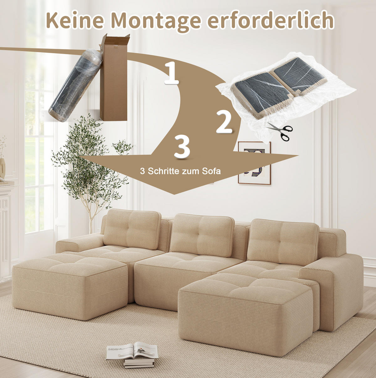 MODULARES Sofa aus Cord in Beige 293x177x69 cm mit 74 cm Sitztiefe und flexibler Anordnung - Beige, Textil (177/69/293cm) - IVMEU