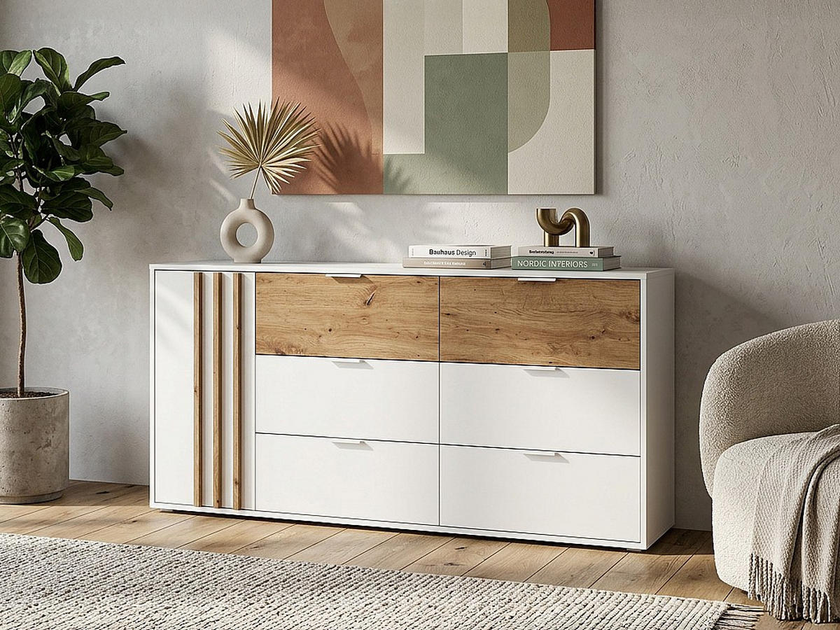 KOMMODE - 163 cm x 35 cm - holz - naturfarben hell, weiß Tunalo - Weiß, Holz (163/80/35cm) - Vente-Unique