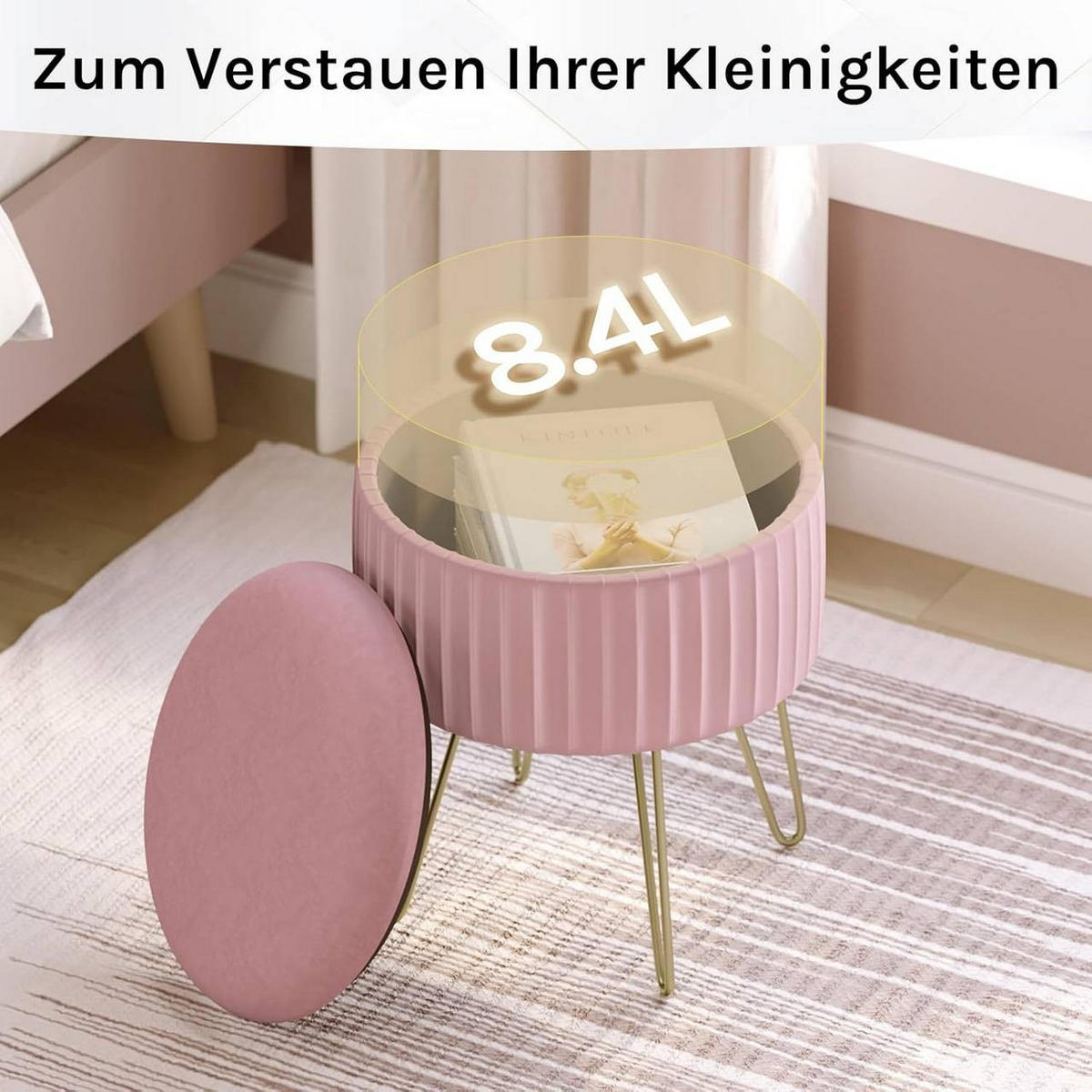 SITZHOCKER mit Stauraum, φ31,5xH37,5 cm, Rosa - Goldfarben/Rosa, Holzwerkstoff/Kunststoff (31.5/37.5/31.5cm) - Woltu