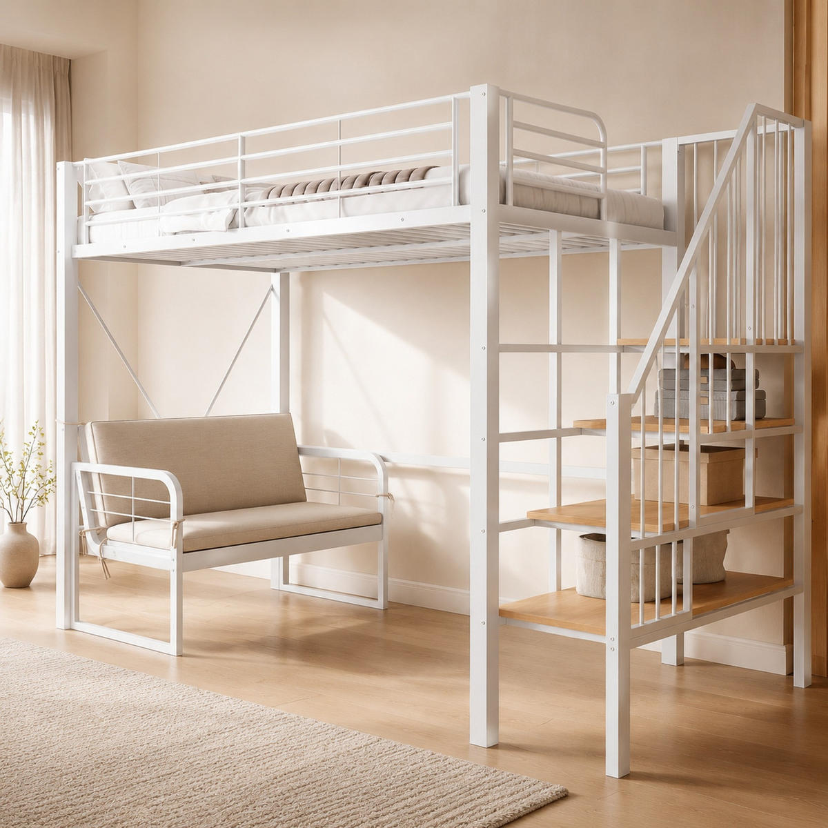 HOCHBETT 90/200 mit Polstersofa, Stauraumtreppe und Metallrahmen in Weiß - Weiß, Holzwerkstoff/Metall (90/200cm) - EVRYAE