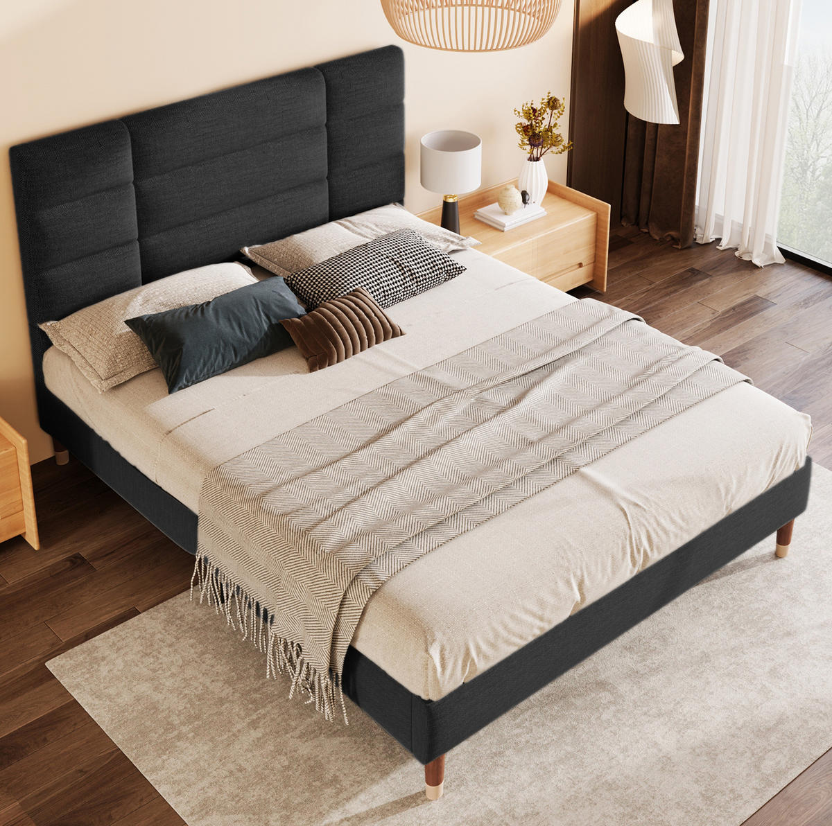 BETT mit Lattenrost 140x200 cm Leinen Schwarz - Schwarz, Holz (140/200cm) - Meubliv
