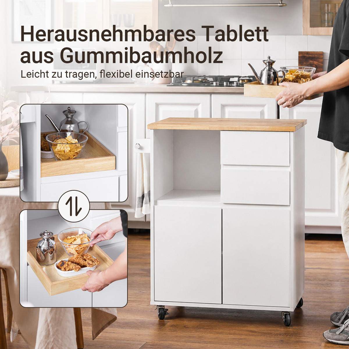 KÜCHENWAGEN weiß mit Bremsrollen, 72 x 84 x 40 cm, Arbeitsplatte, Tablett, 2 Schubladen, Handtuchhalter, bis 77 kg - Weiß/Naturfarben, Holz/Holzwerkstoff (72/84/40cm) - SoBuy