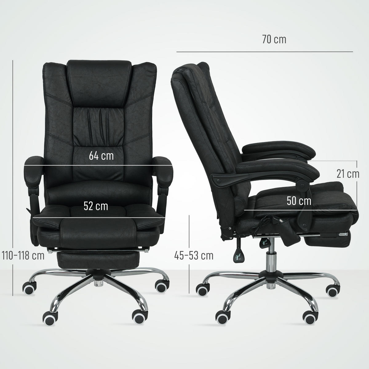 MASSAGE-BÜROSTUHL, Schreibtischstuhl mit Heizfunktion, Fußstütze, Schwarz - Schwarz, Kunststoff (70/118/64cm) - Vinsetto