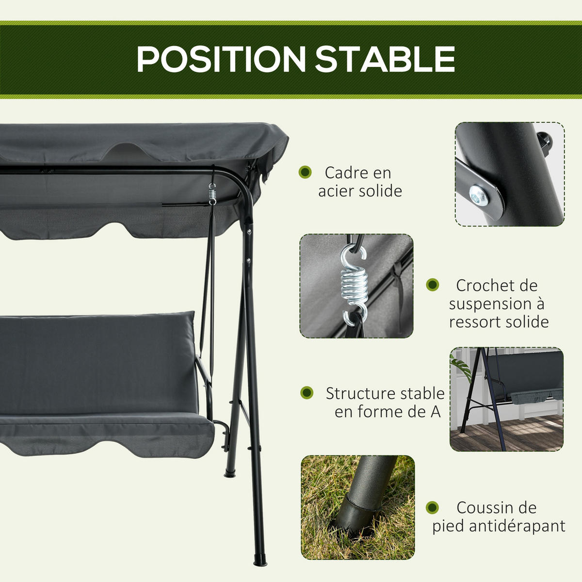 HOLLYWOODSCHAUKEL DE-15253 3-Sitzer mit verstellbarem Dach Grau - Grau, Metall (110/153/172cm) - ComfortXL